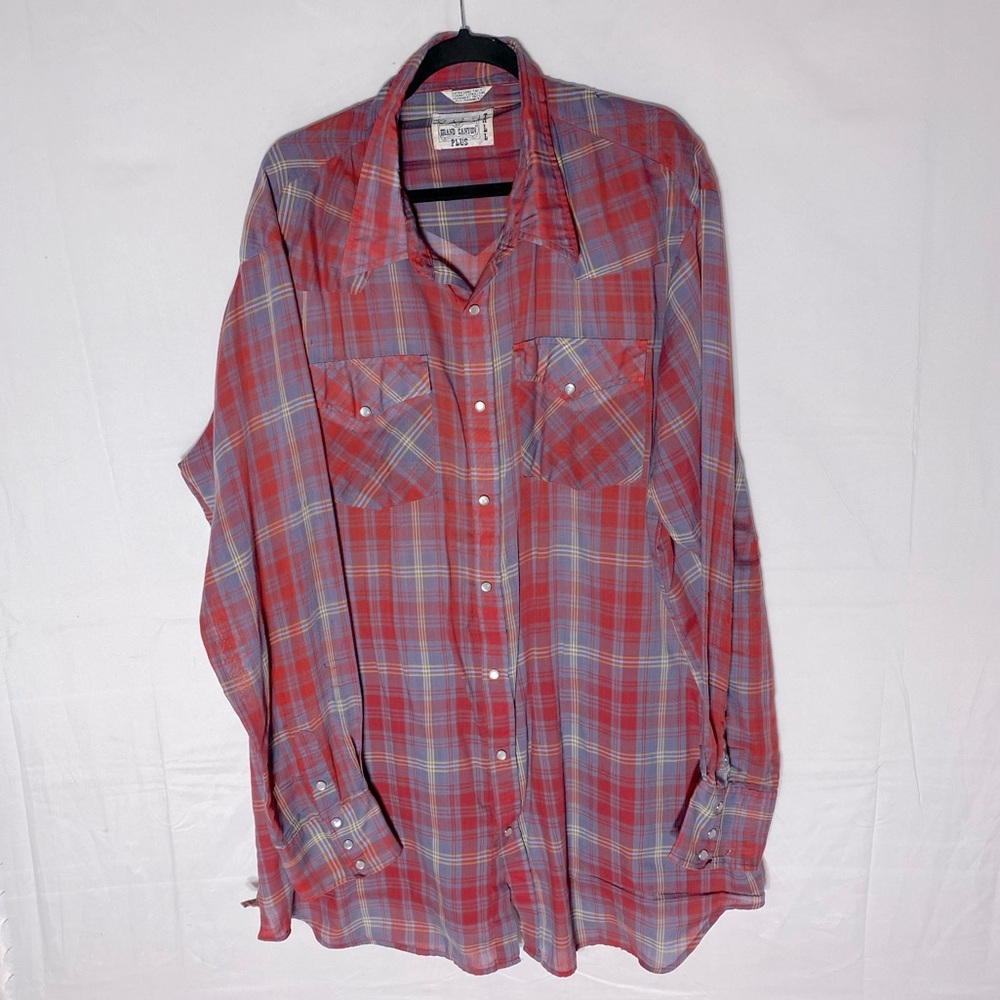 Vintage Grand Canyon Plus Red Grey Plaid Long Sleeve Pearl Snap Shirt XXLT